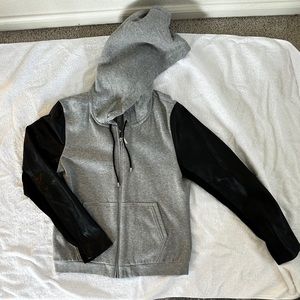 Aqua leather sleeve sweatshirt